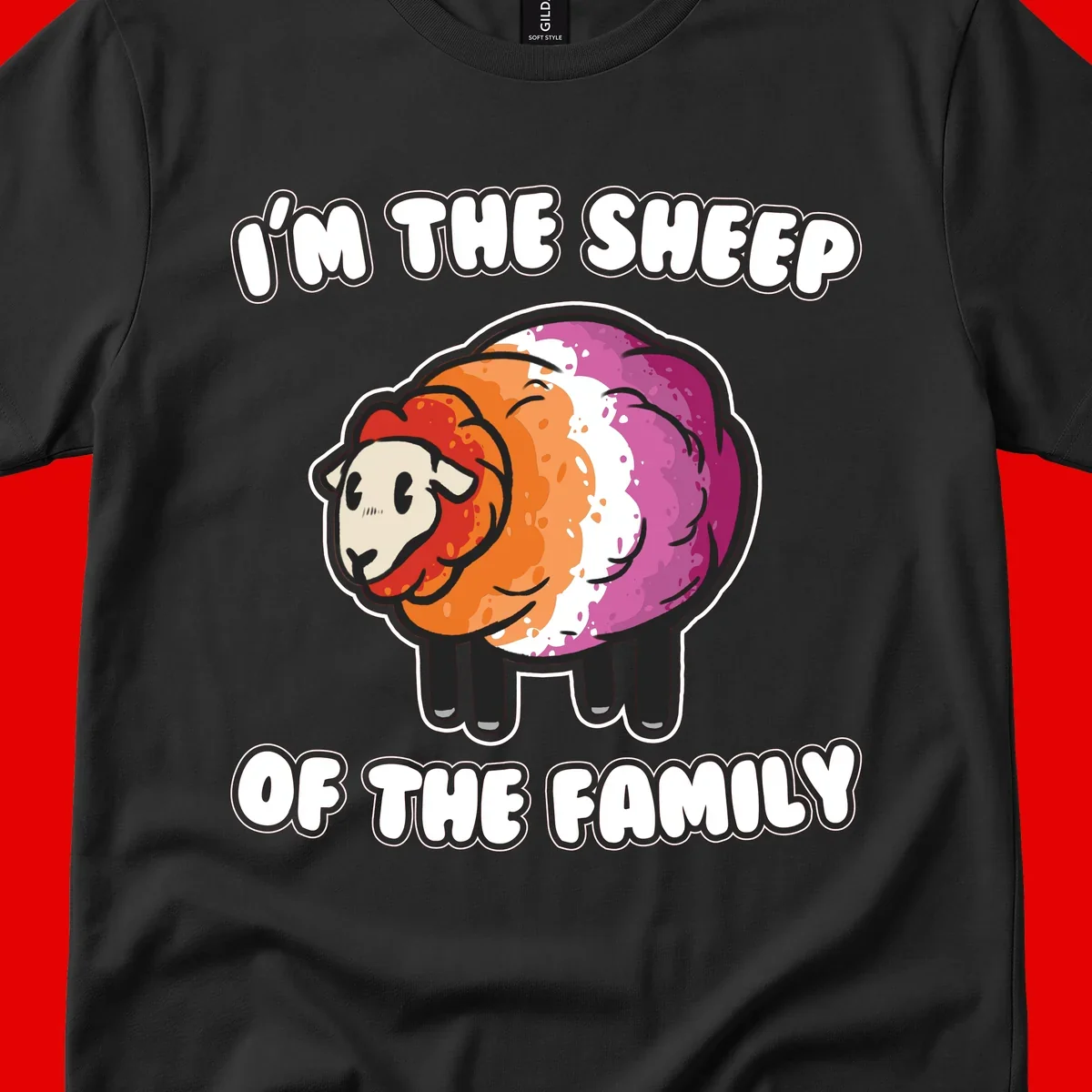 Colorful cartoon sheep with rainbow wool stripes and text 'I'm The Sheep Of The Family' on gray background
