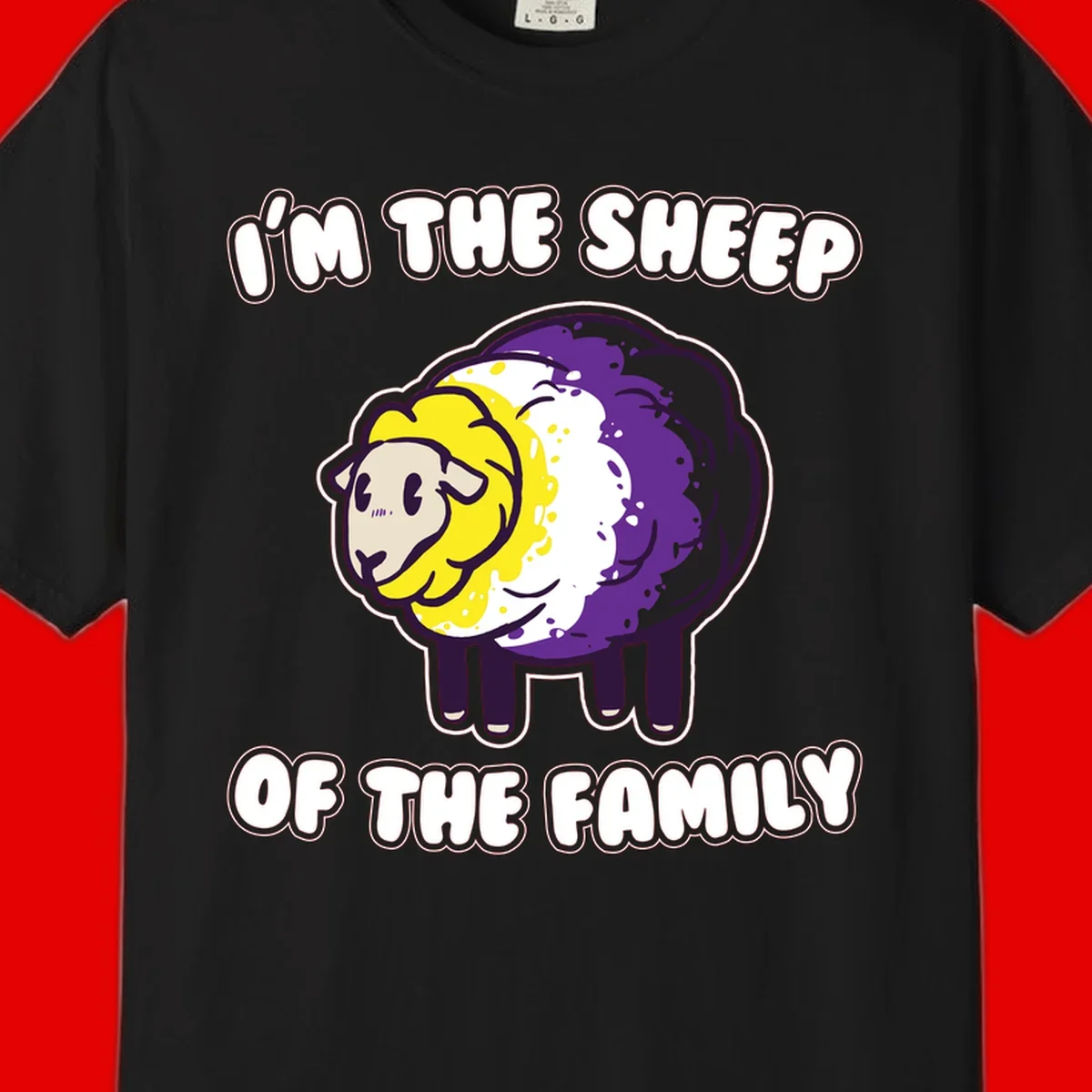 Cartoon sheep with yellow, white, and purple wool wearing text 'I'm The Sheep Of The Family' in bold letters