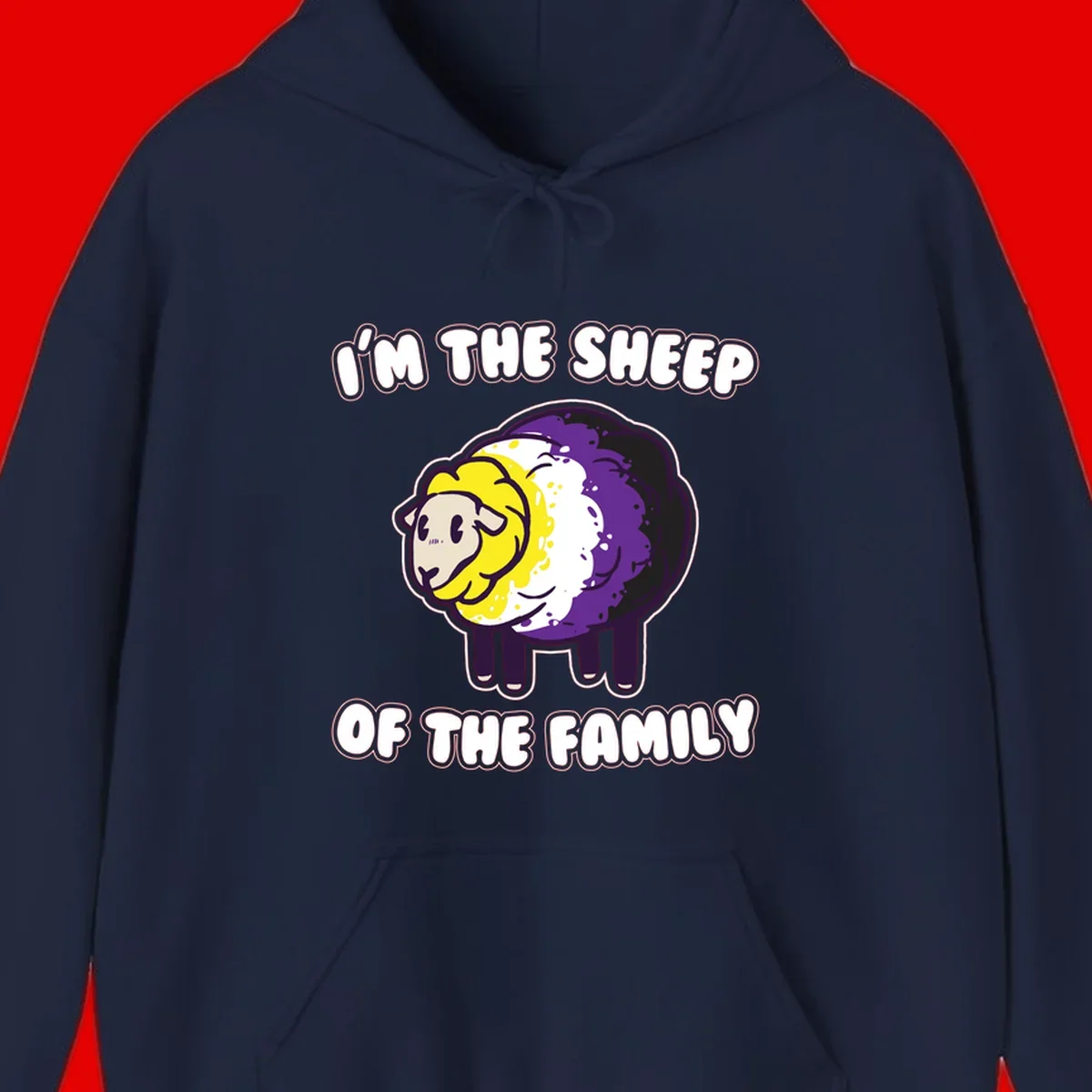 Cartoon sheep with yellow, white, and purple wool wearing text 'I'm The Sheep Of The Family' in bold letters