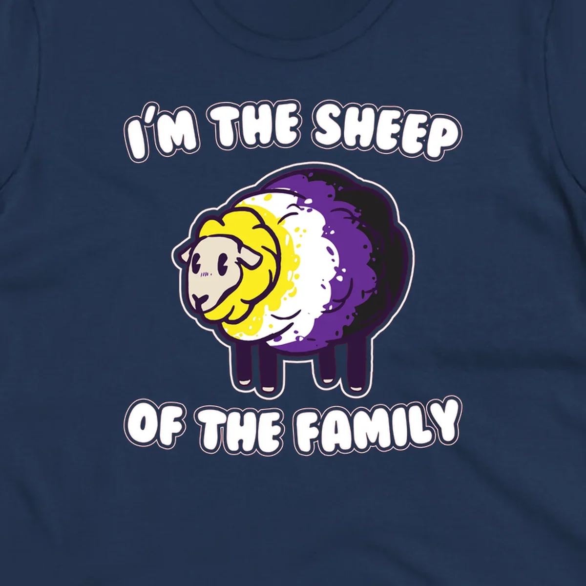 Cartoon sheep with yellow, white, and purple wool wearing text 'I'm The Sheep Of The Family' in bold letters