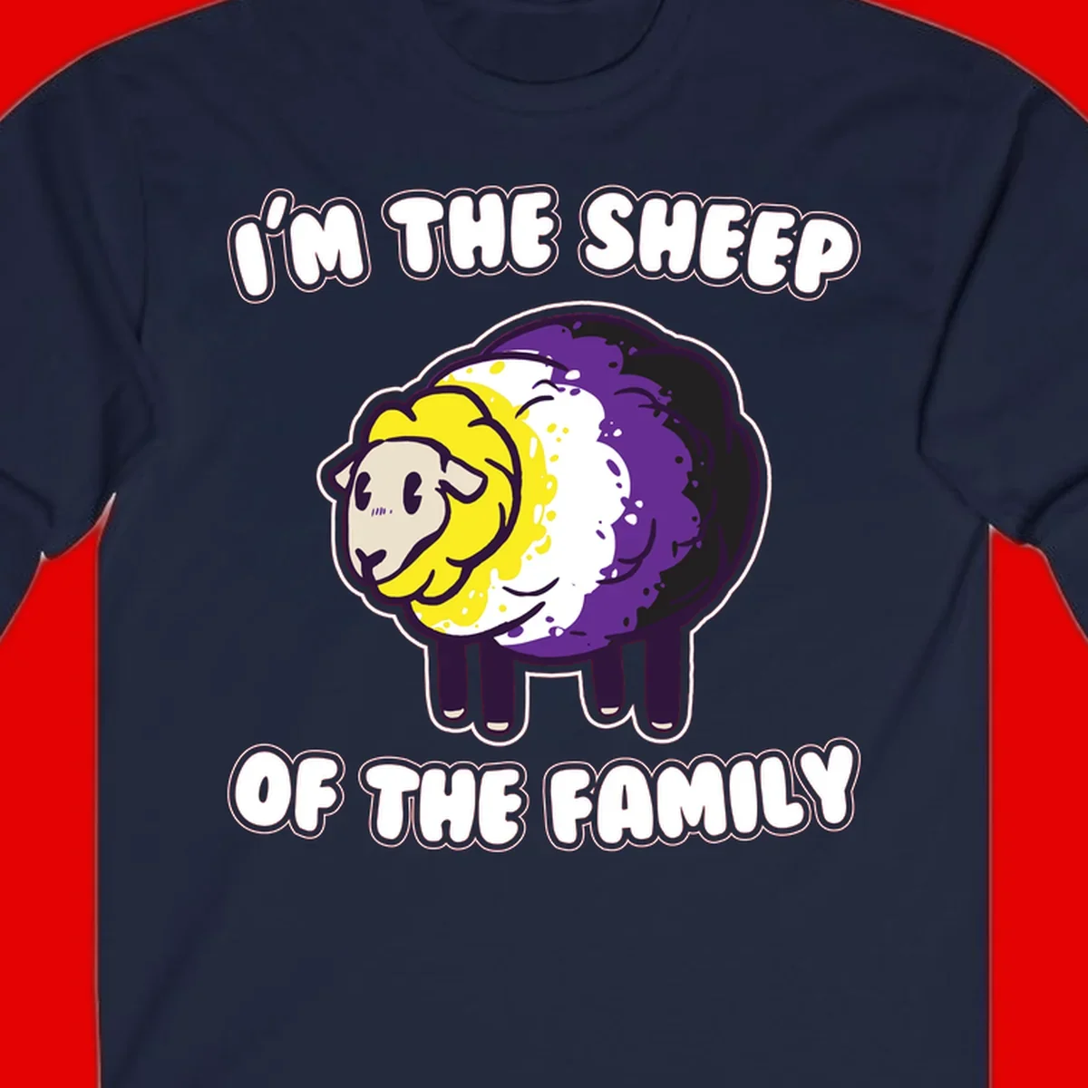 Cartoon sheep with yellow, white, and purple wool wearing text 'I'm The Sheep Of The Family' in bold letters