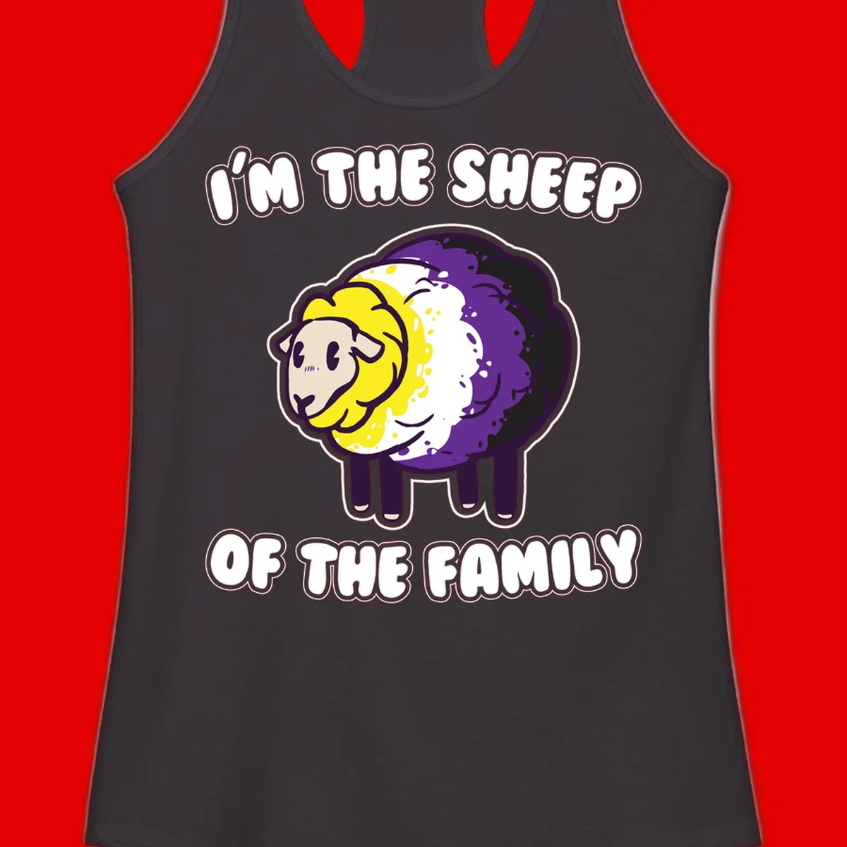 Cartoon sheep with yellow, white, and purple wool wearing text 'I'm The Sheep Of The Family' in bold letters