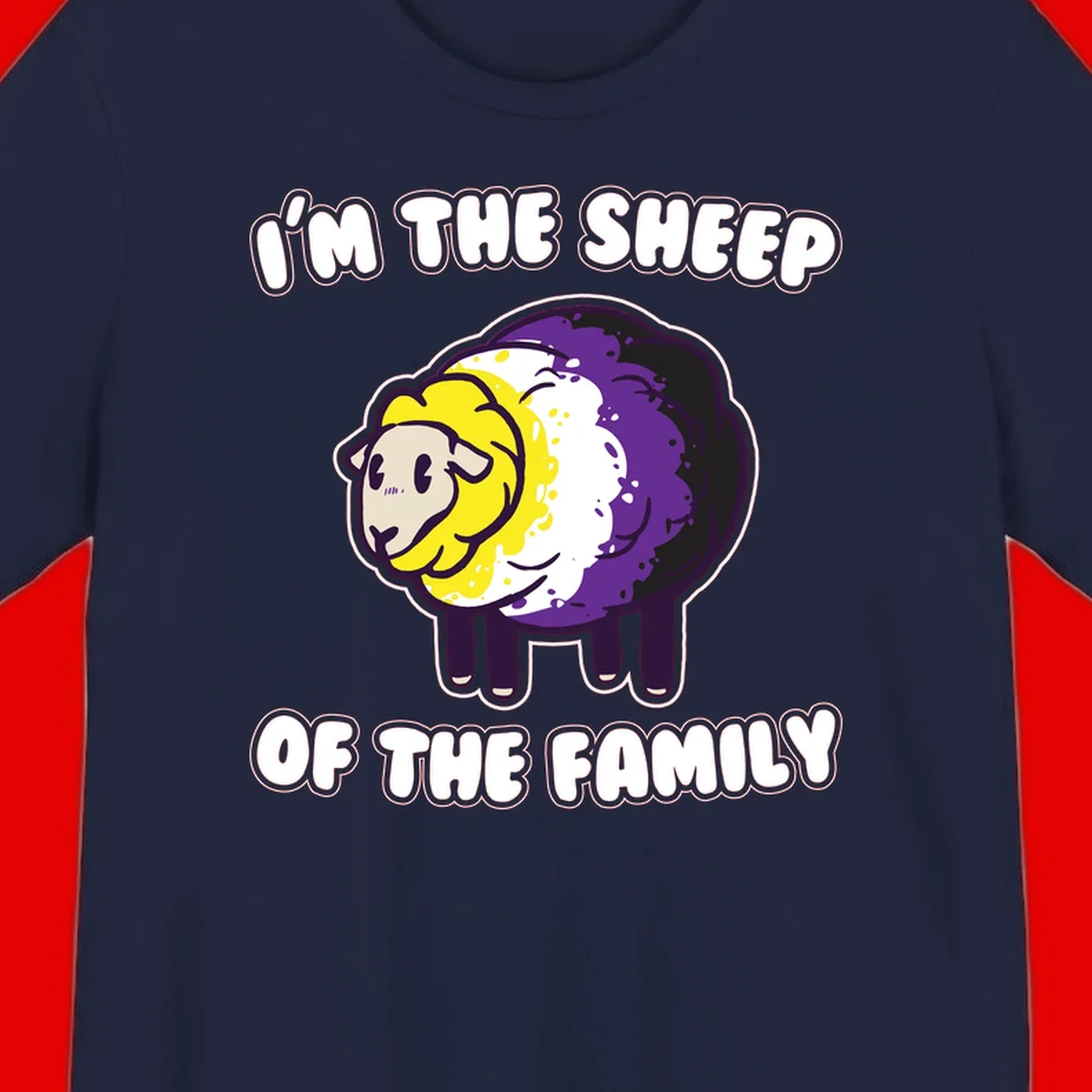 Cartoon sheep with yellow, white, and purple wool wearing text 'I'm The Sheep Of The Family' in bold letters