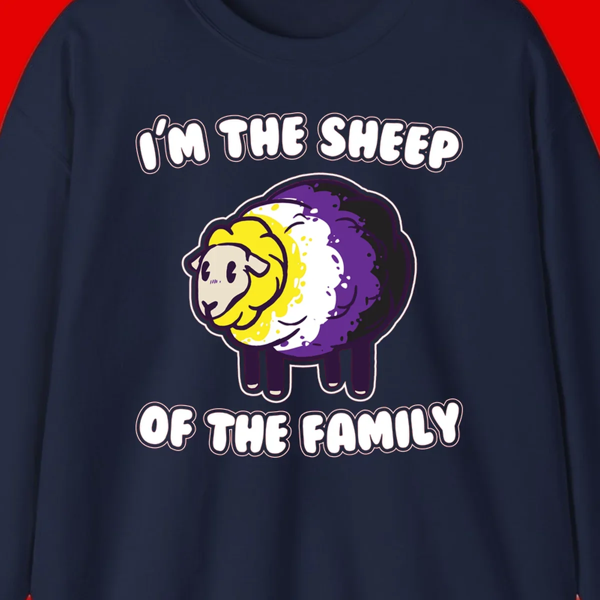 Cartoon sheep with yellow, white, and purple wool wearing text 'I'm The Sheep Of The Family' in bold letters