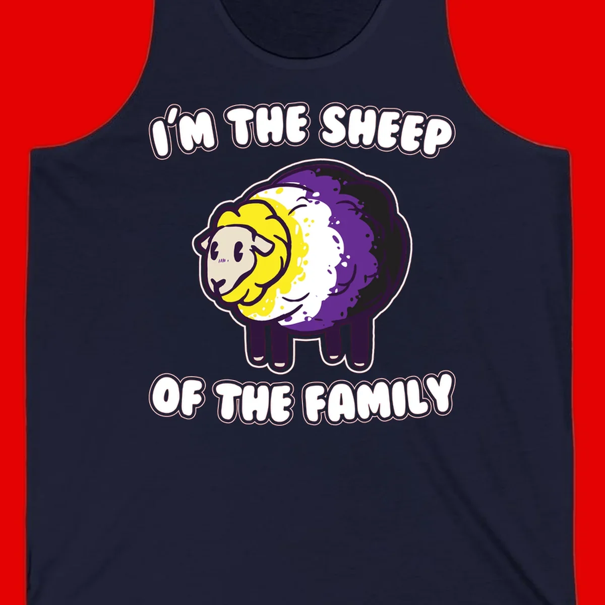 Cartoon sheep with yellow, white, and purple wool wearing text 'I'm The Sheep Of The Family' in bold letters