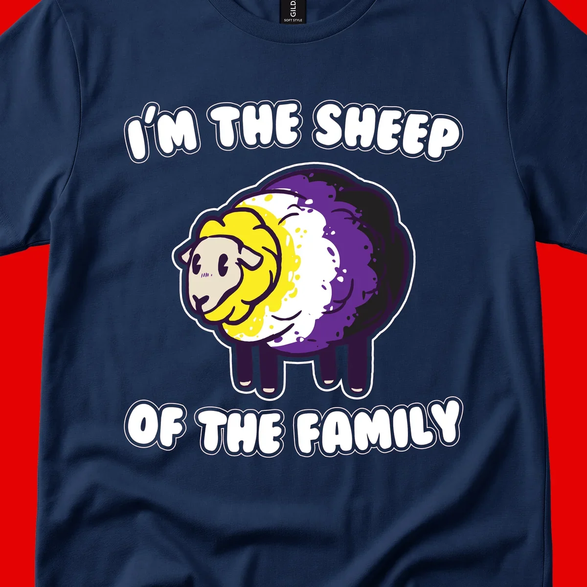 Cartoon sheep with yellow, white, and purple wool wearing text 'I'm The Sheep Of The Family' in bold letters