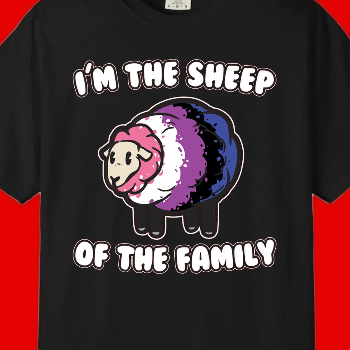 Colorful cartoon sheep with rainbow wool in pink, purple, blue, white and black, with text 'I'm the sheep of the family' celebrating pride and individuality