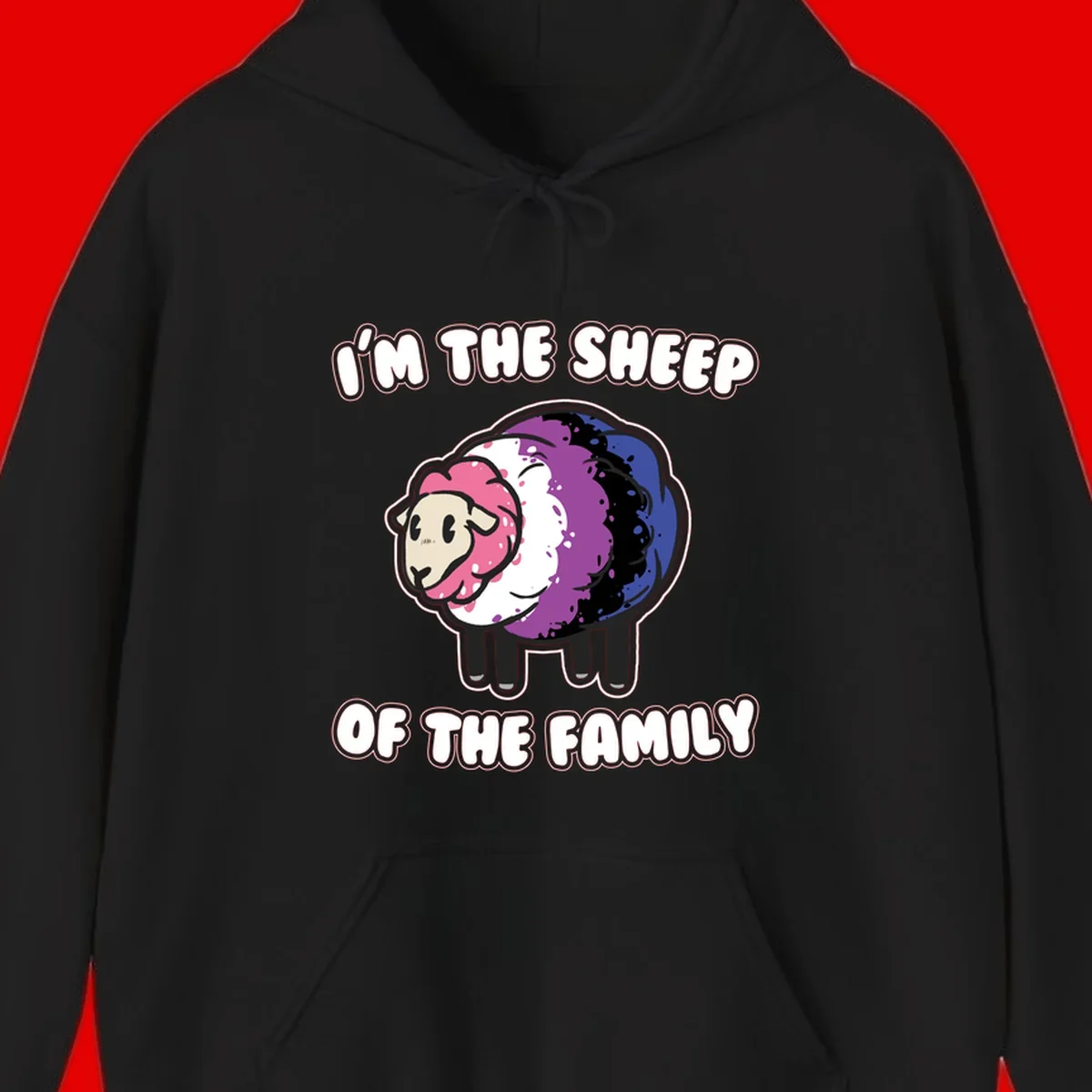 Colorful cartoon sheep with rainbow wool in pink, purple, blue, white and black, with text 'I'm the sheep of the family' celebrating pride and individuality