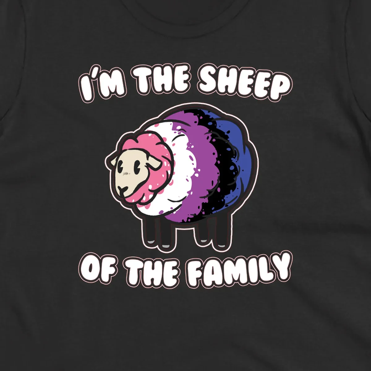 Colorful cartoon sheep with rainbow wool in pink, purple, blue, white and black, with text 'I'm the sheep of the family' celebrating pride and individuality