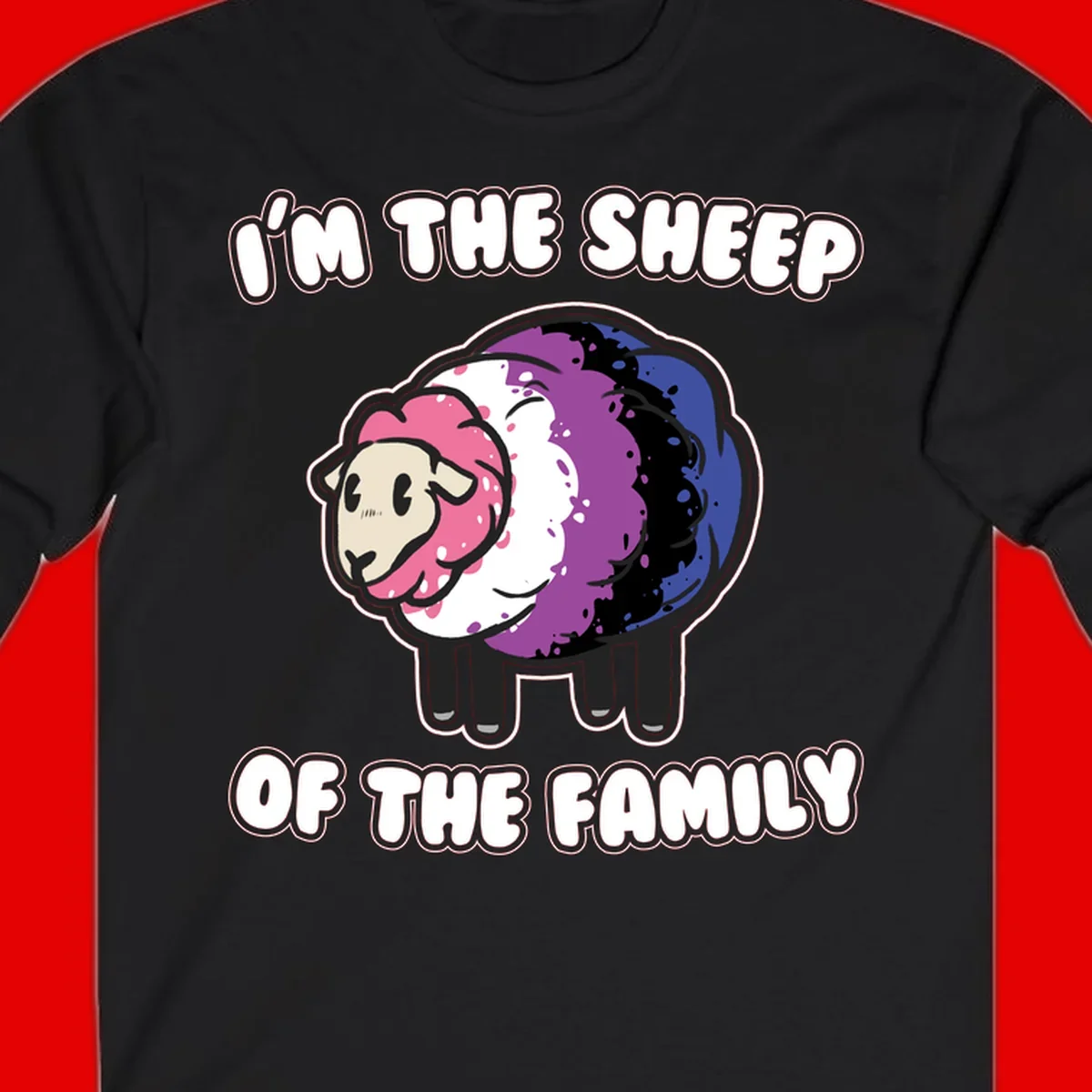 Colorful cartoon sheep with rainbow wool in pink, purple, blue, white and black, with text 'I'm the sheep of the family' celebrating pride and individuality