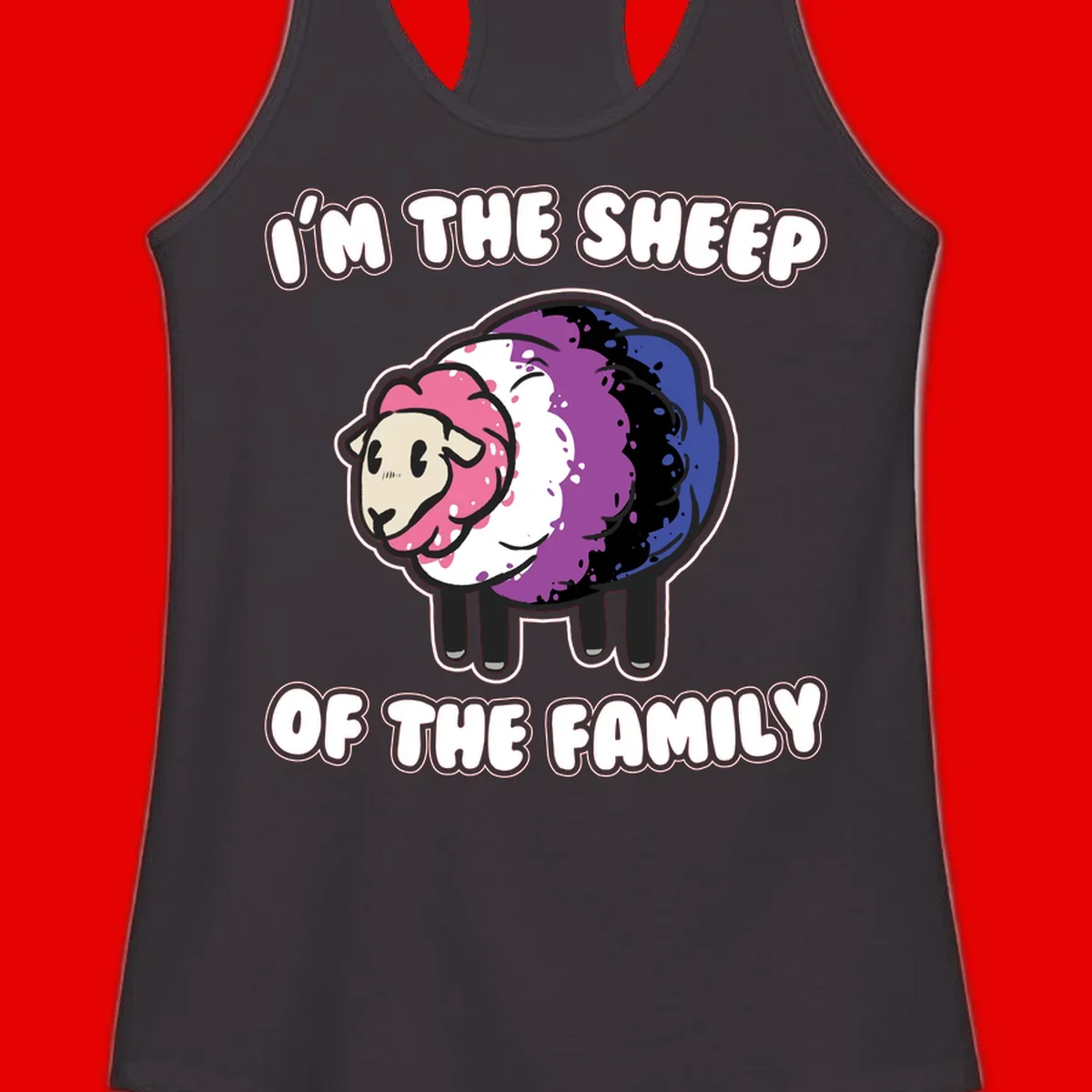 Colorful cartoon sheep with rainbow wool in pink, purple, blue, white and black, with text 'I'm the sheep of the family' celebrating pride and individuality