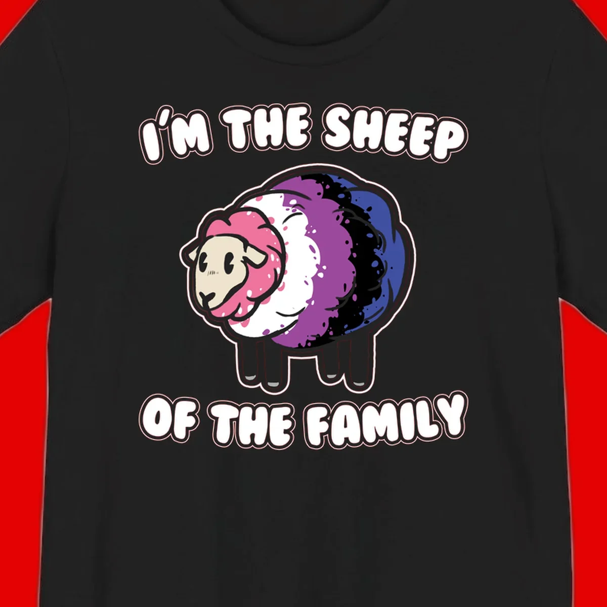 Colorful cartoon sheep with rainbow wool in pink, purple, blue, white and black, with text 'I'm the sheep of the family' celebrating pride and individuality