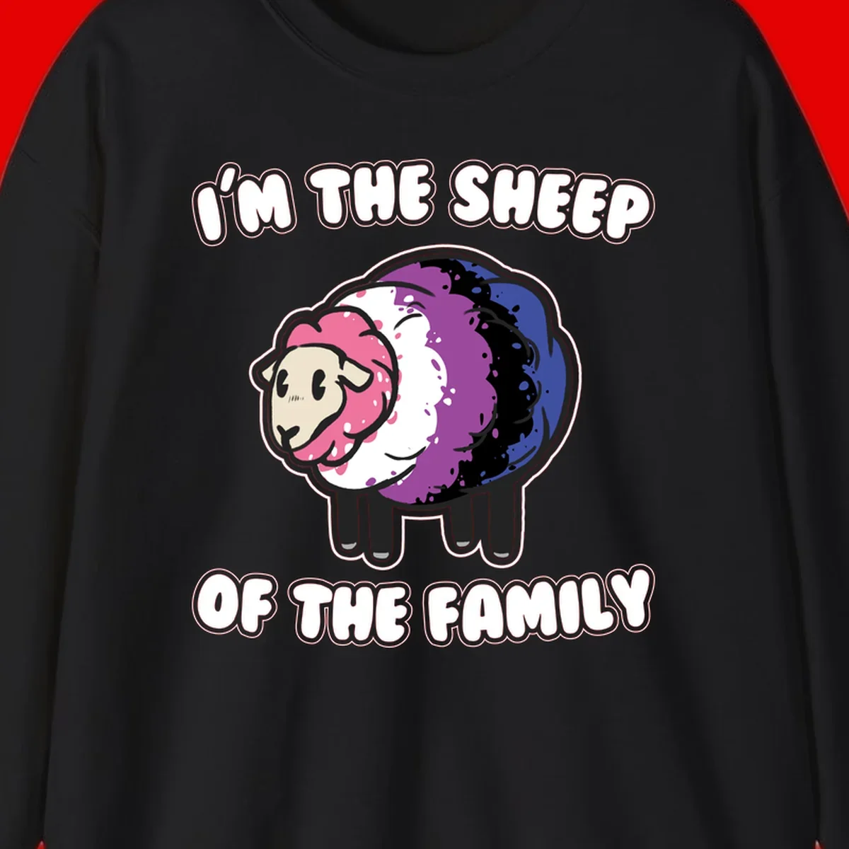 Colorful cartoon sheep with rainbow wool in pink, purple, blue, white and black, with text 'I'm the sheep of the family' celebrating pride and individuality