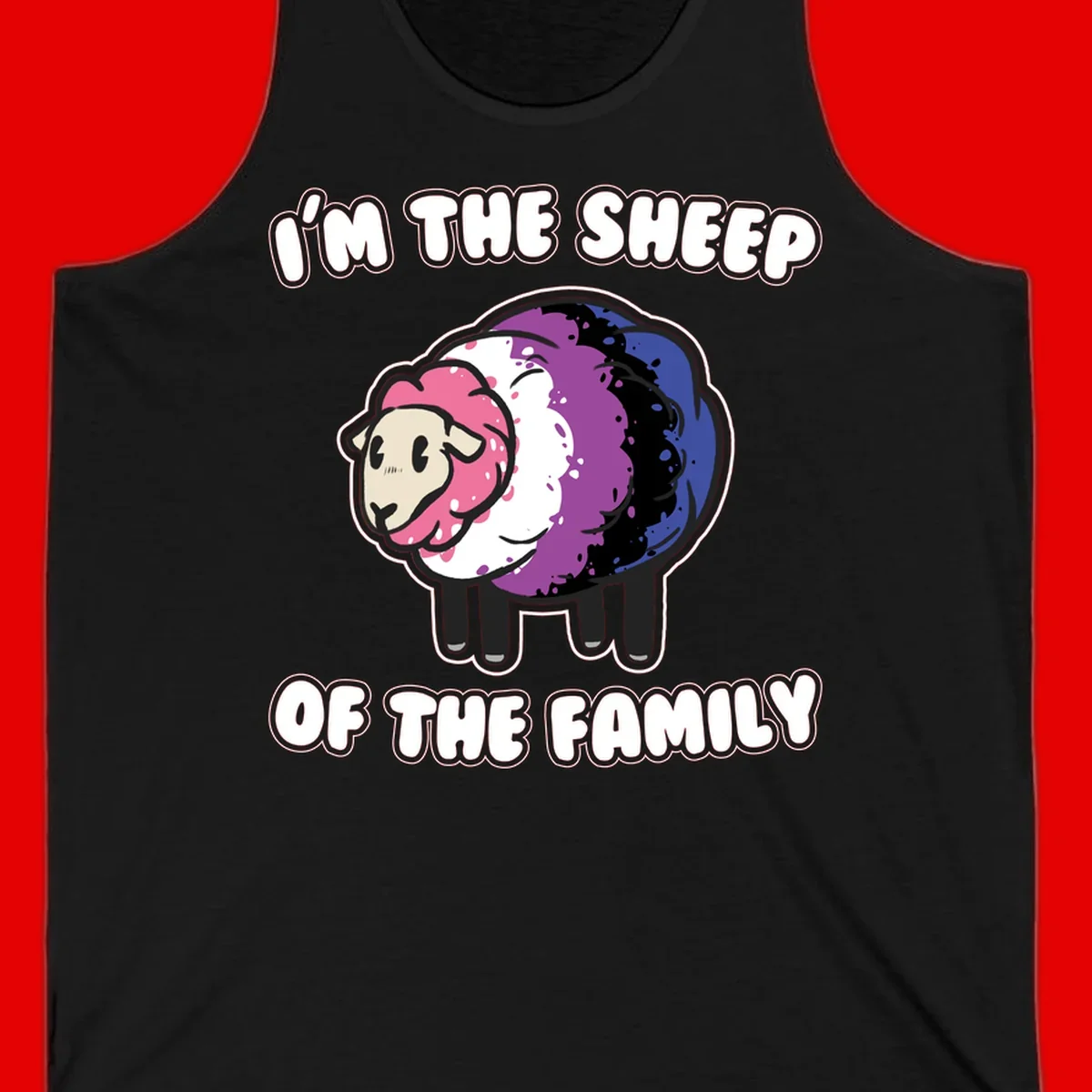 Colorful cartoon sheep with rainbow wool in pink, purple, blue, white and black, with text 'I'm the sheep of the family' celebrating pride and individuality