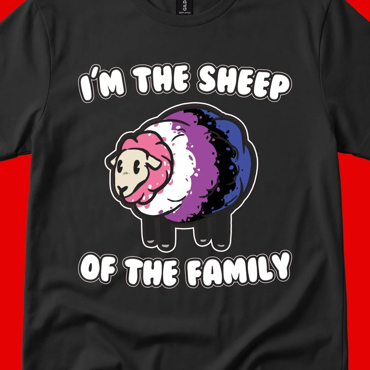 Colorful cartoon sheep with rainbow wool in pink, purple, blue, white and black, with text 'I'm the sheep of the family' celebrating pride and individuality