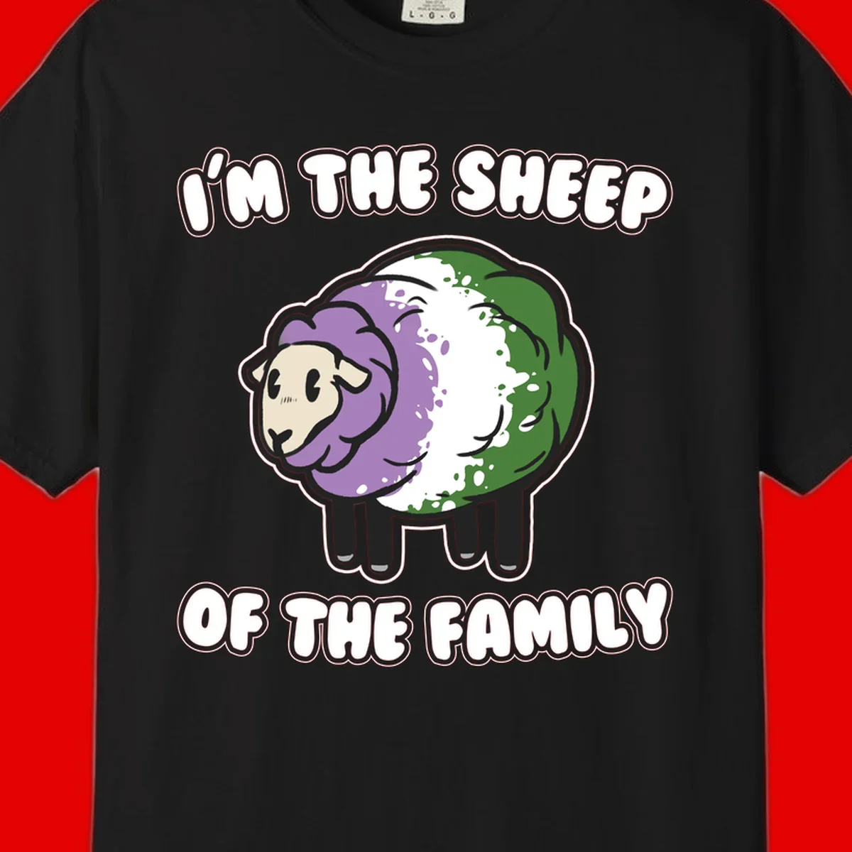 Cartoon sheep with purple, white, and green wool displaying 'I'm The Sheep Of The Family' text design