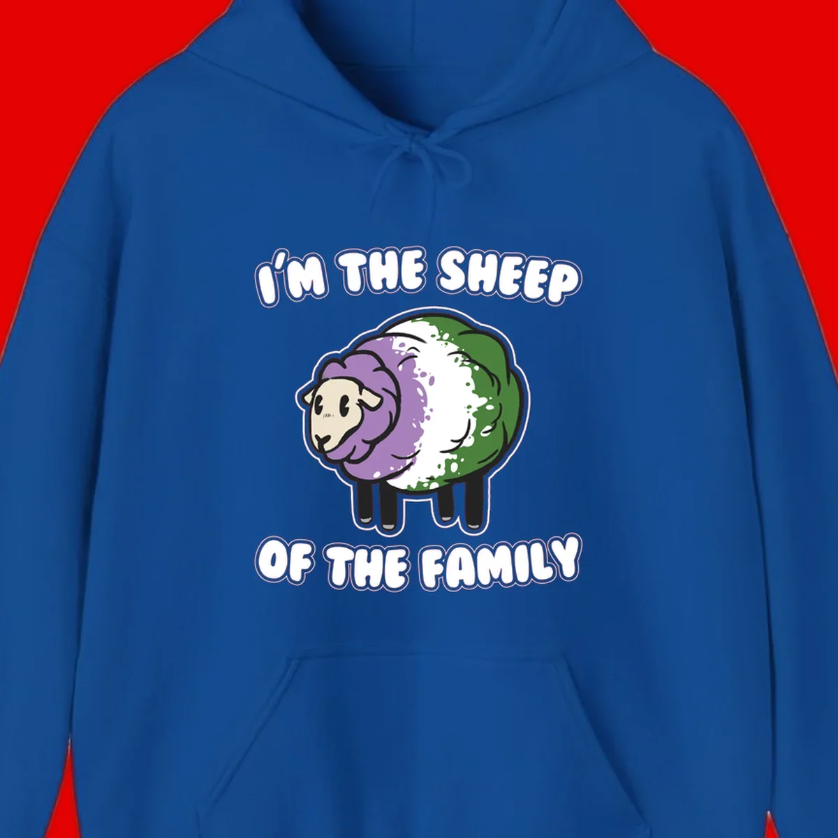 Cartoon sheep with purple, white, and green wool displaying 'I'm The Sheep Of The Family' text design