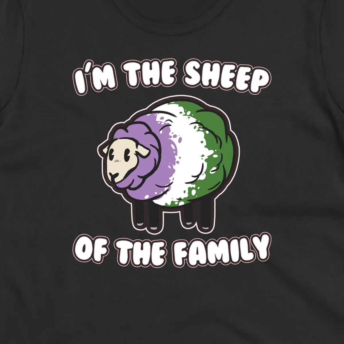 Cartoon sheep with purple, white, and green wool displaying 'I'm The Sheep Of The Family' text design