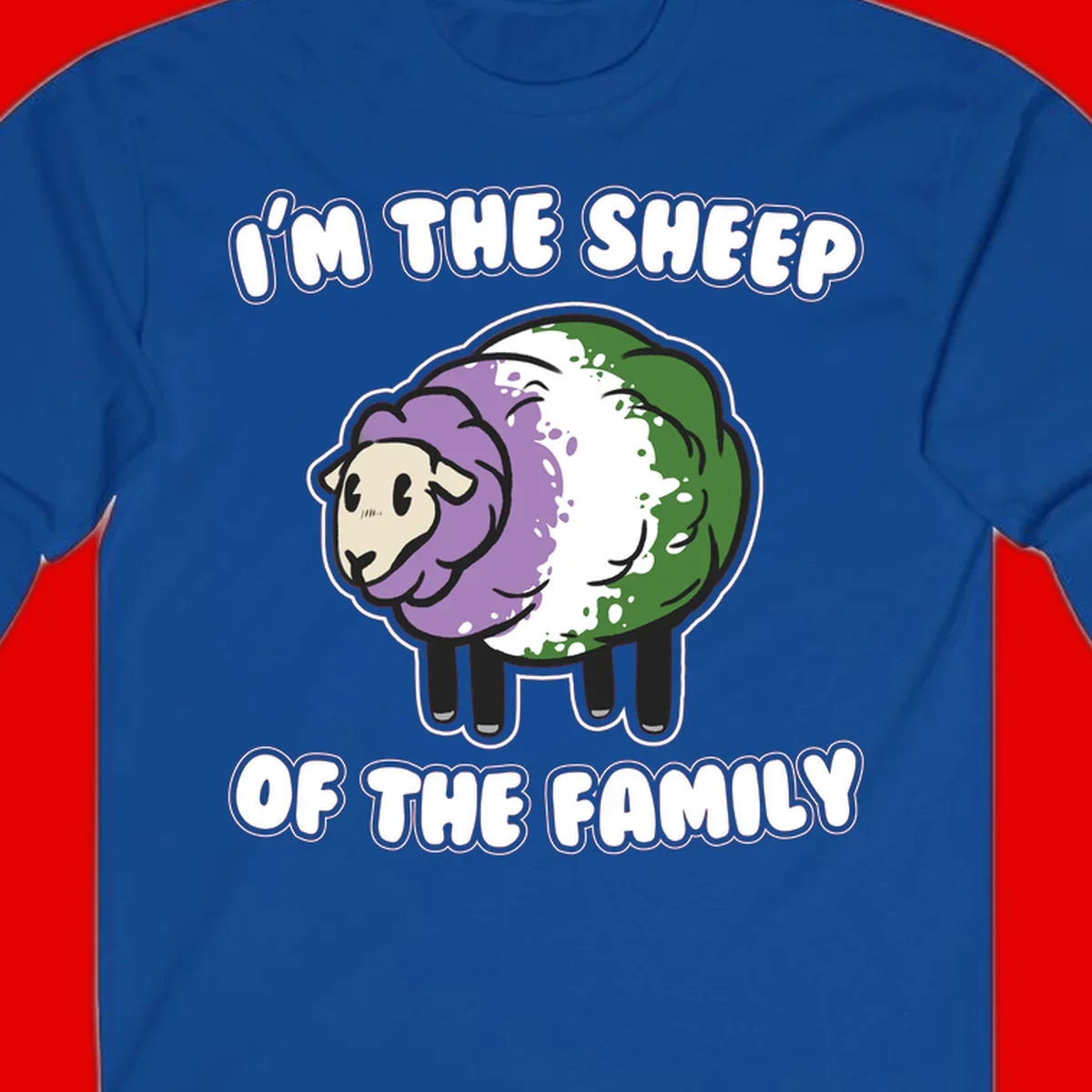 Cartoon sheep with purple, white, and green wool displaying 'I'm The Sheep Of The Family' text design