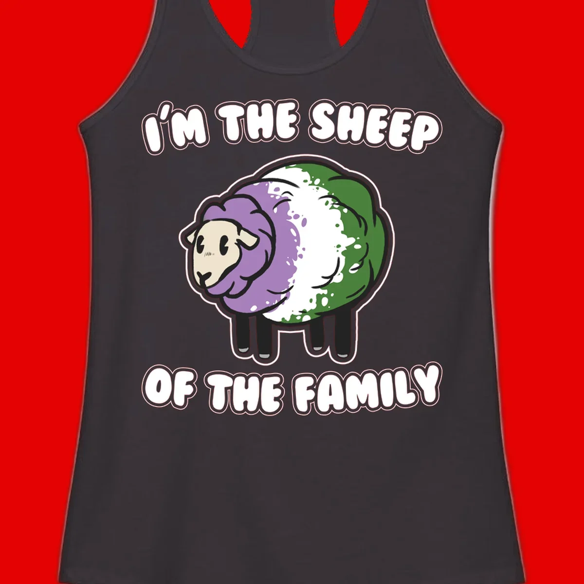 Cartoon sheep with purple, white, and green wool displaying 'I'm The Sheep Of The Family' text design