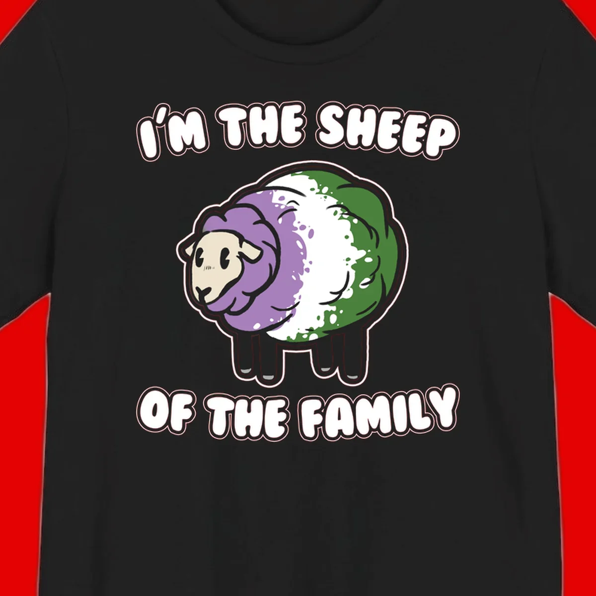 Cartoon sheep with purple, white, and green wool displaying 'I'm The Sheep Of The Family' text design