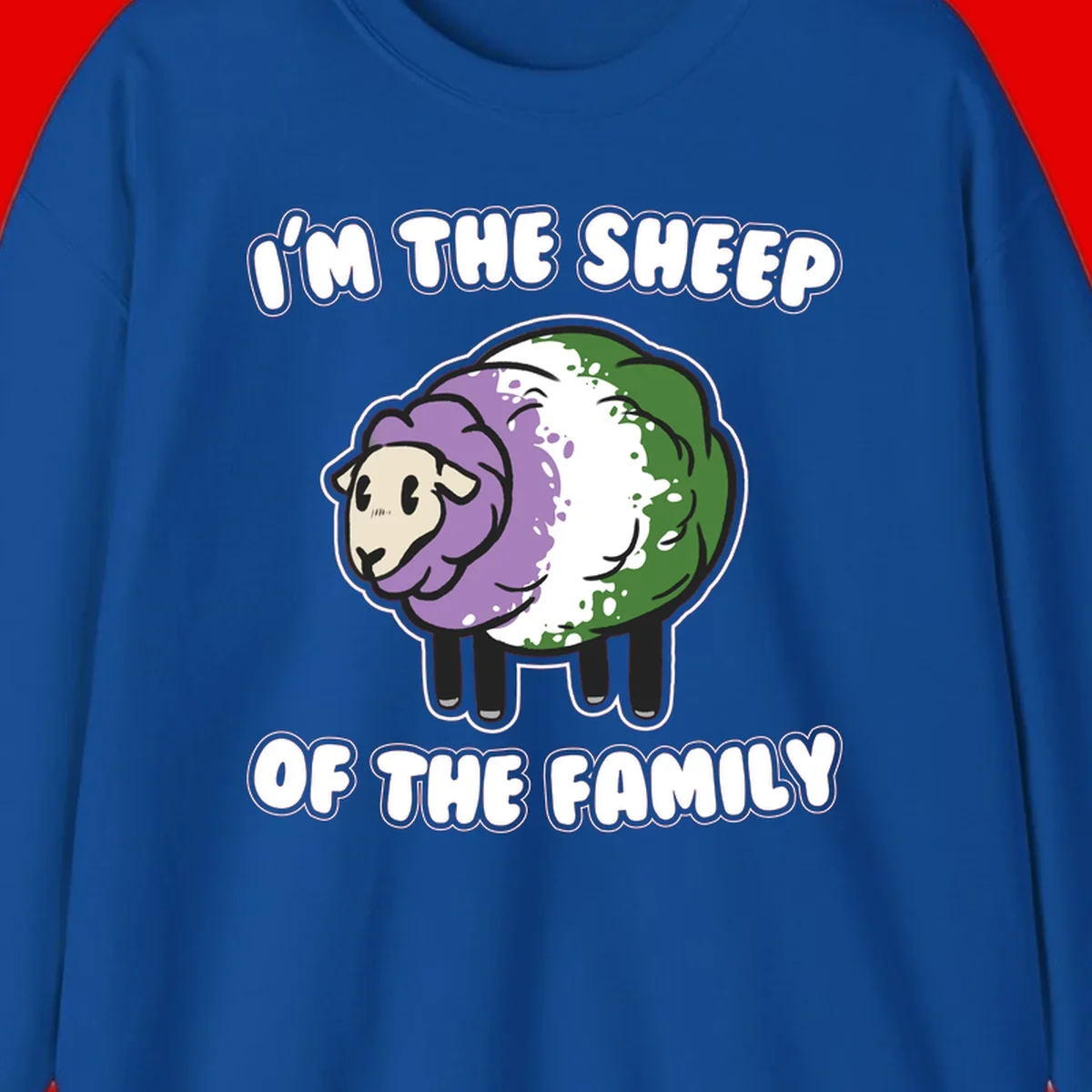 Cartoon sheep with purple, white, and green wool displaying 'I'm The Sheep Of The Family' text design