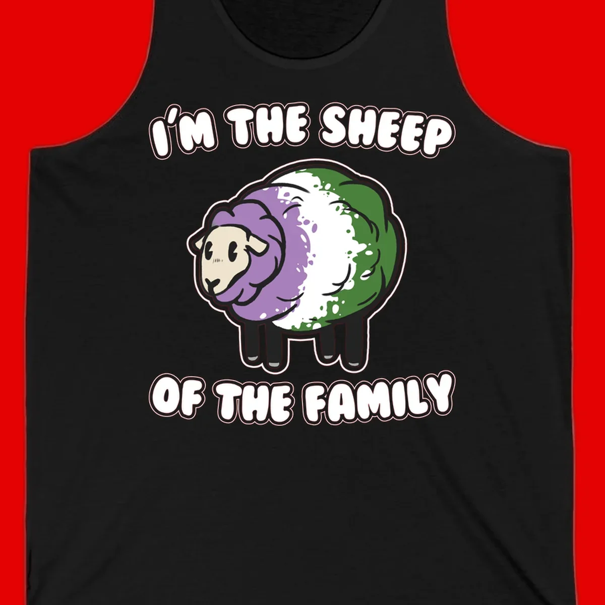 Cartoon sheep with purple, white, and green wool displaying 'I'm The Sheep Of The Family' text design