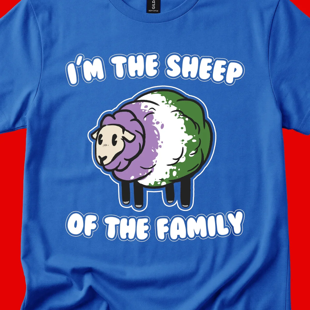 Cartoon sheep with purple, white, and green wool displaying 'I'm The Sheep Of The Family' text design