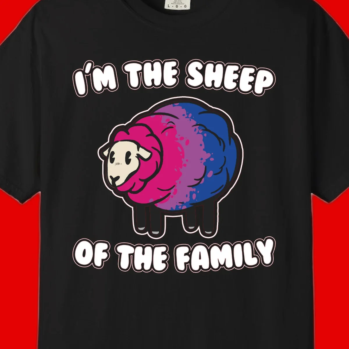 Colorful cartoon sheep with gradient pink, purple, and blue wool, text reads 'I'm the sheep of the family'