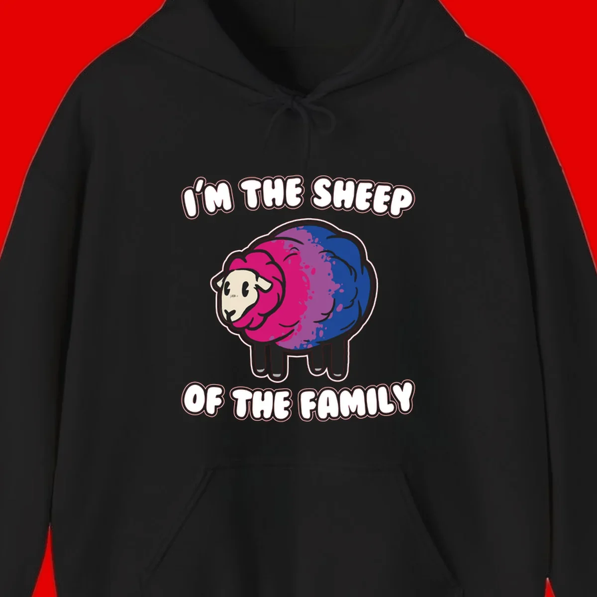 Colorful cartoon sheep with gradient pink, purple, and blue wool, text reads 'I'm the sheep of the family'