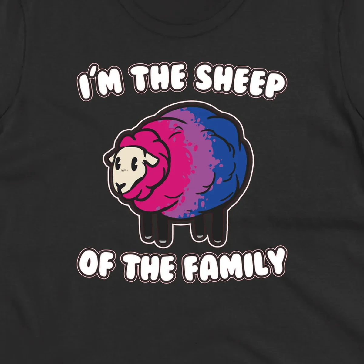 Colorful cartoon sheep with gradient pink, purple, and blue wool, text reads 'I'm the sheep of the family'