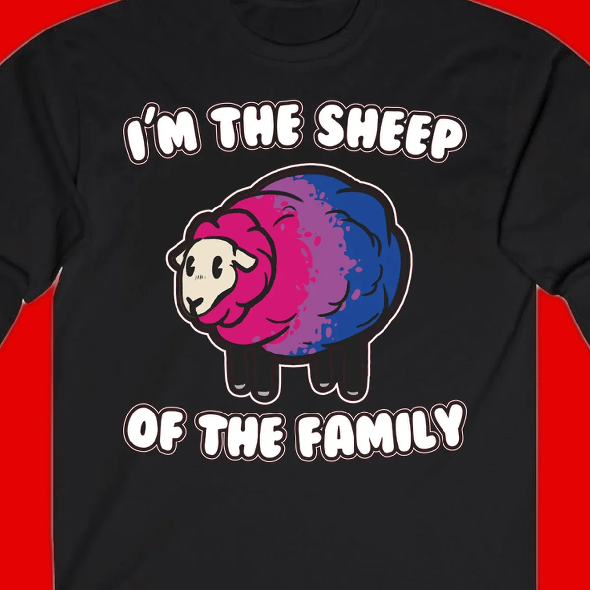 Colorful cartoon sheep with gradient pink, purple, and blue wool, text reads 'I'm the sheep of the family'