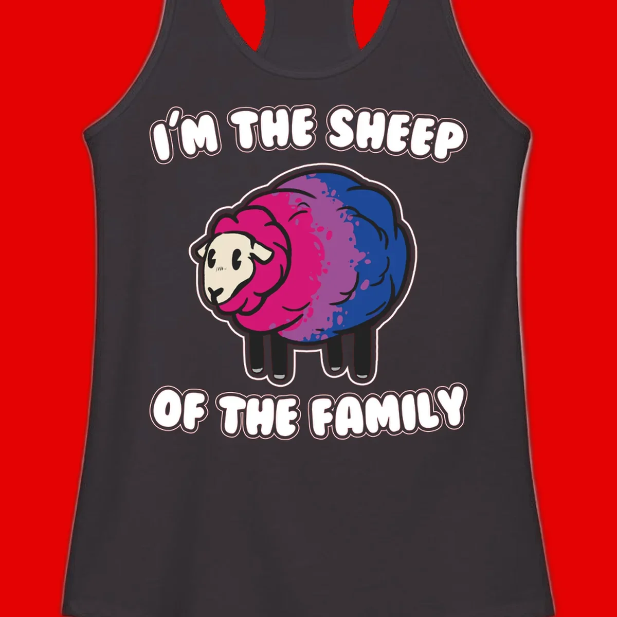 Colorful cartoon sheep with gradient pink, purple, and blue wool, text reads 'I'm the sheep of the family'
