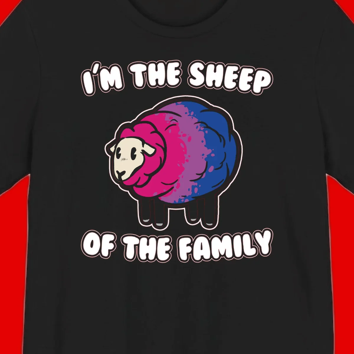 Colorful cartoon sheep with gradient pink, purple, and blue wool, text reads 'I'm the sheep of the family'