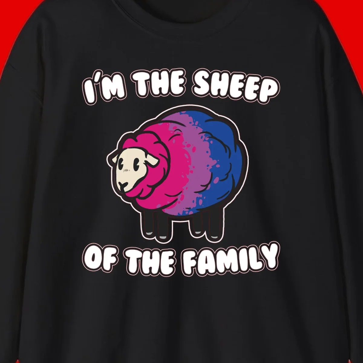 Colorful cartoon sheep with gradient pink, purple, and blue wool, text reads 'I'm the sheep of the family'