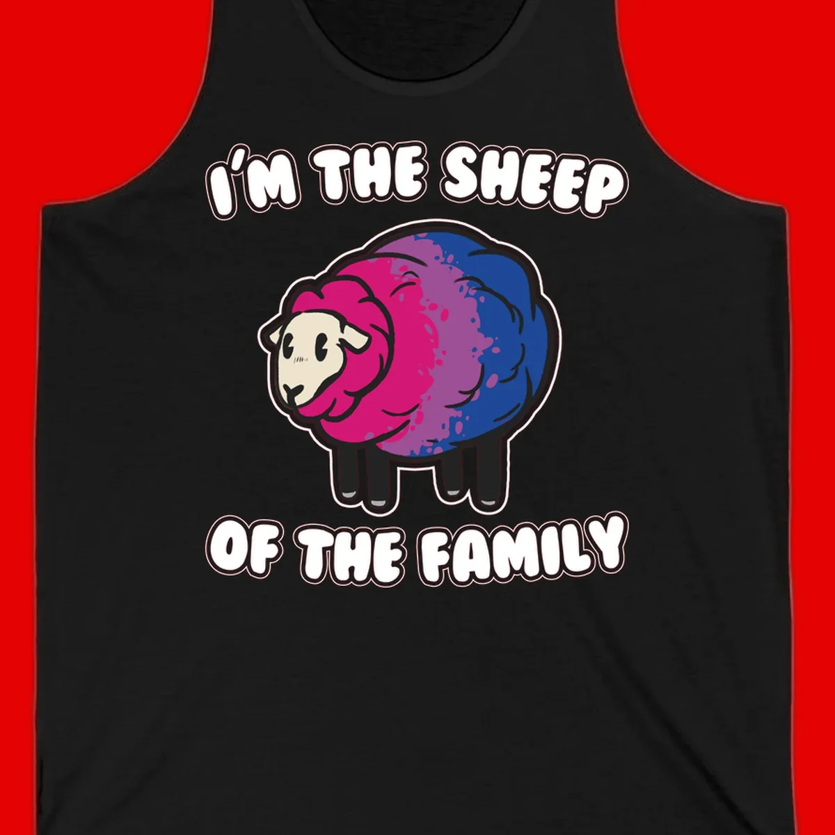 Colorful cartoon sheep with gradient pink, purple, and blue wool, text reads 'I'm the sheep of the family'