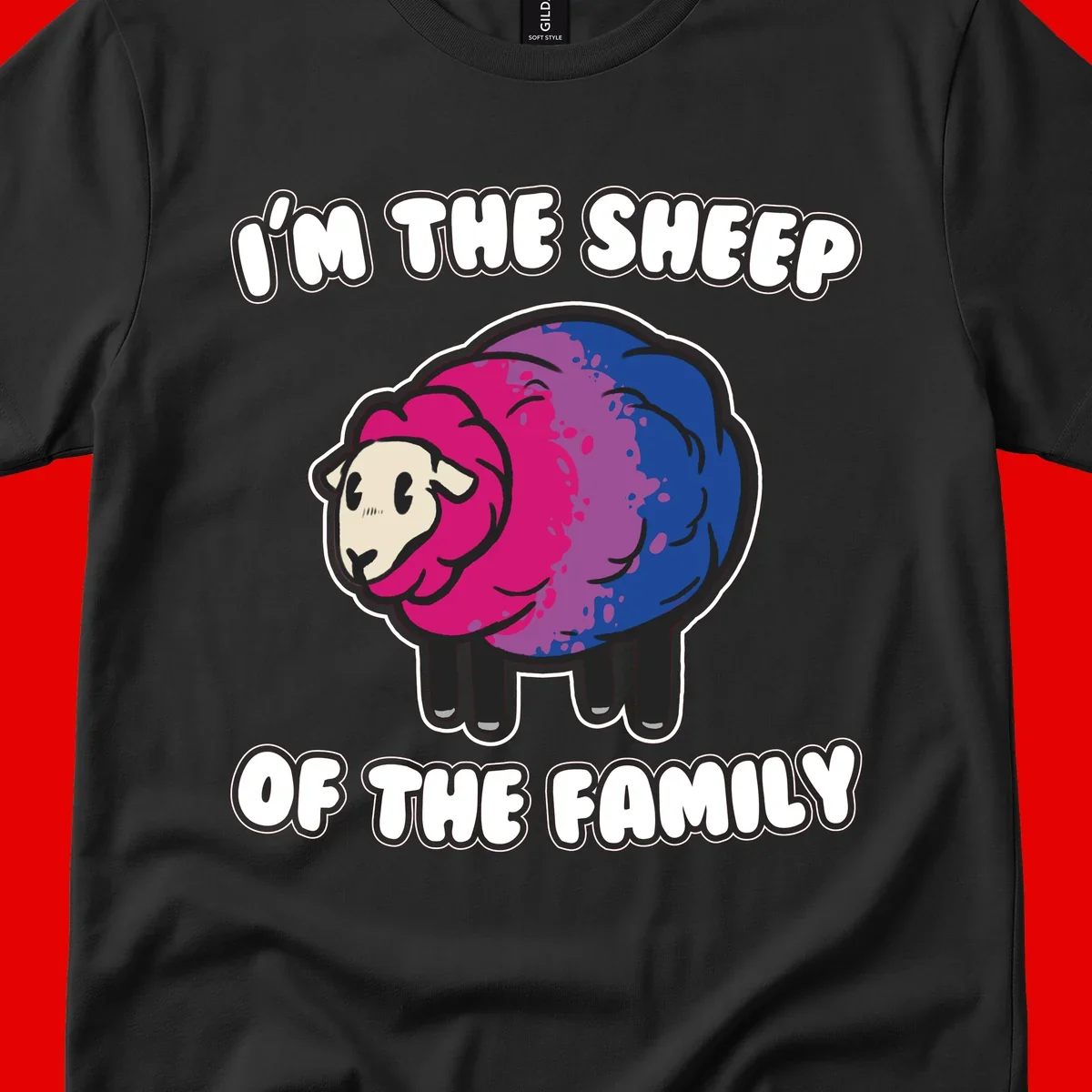 Colorful cartoon sheep with gradient pink, purple, and blue wool, text reads 'I'm the sheep of the family'