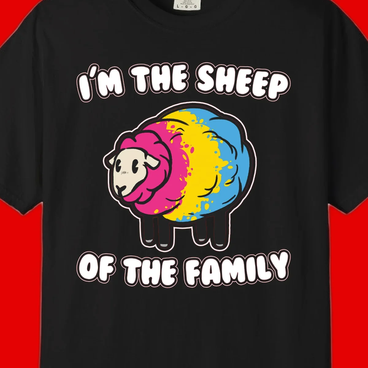 Colorful cartoon sheep with rainbow wool and text 'I'm the sheep of the family' - humorous family joke design