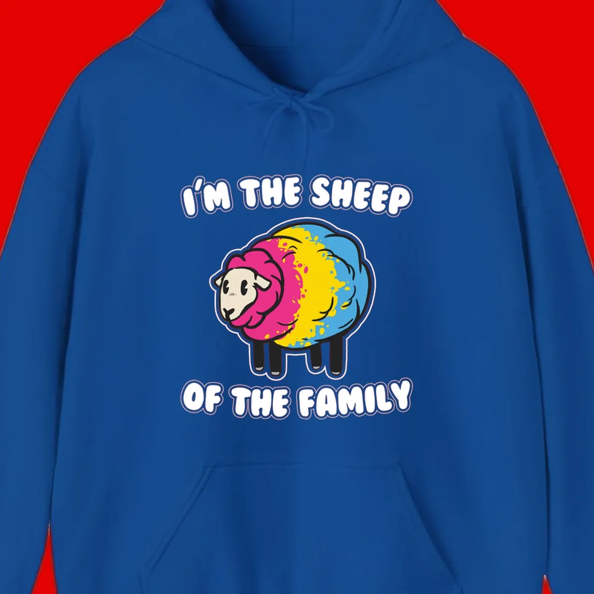 Colorful cartoon sheep with rainbow wool and text 'I'm the sheep of the family' - humorous family joke design