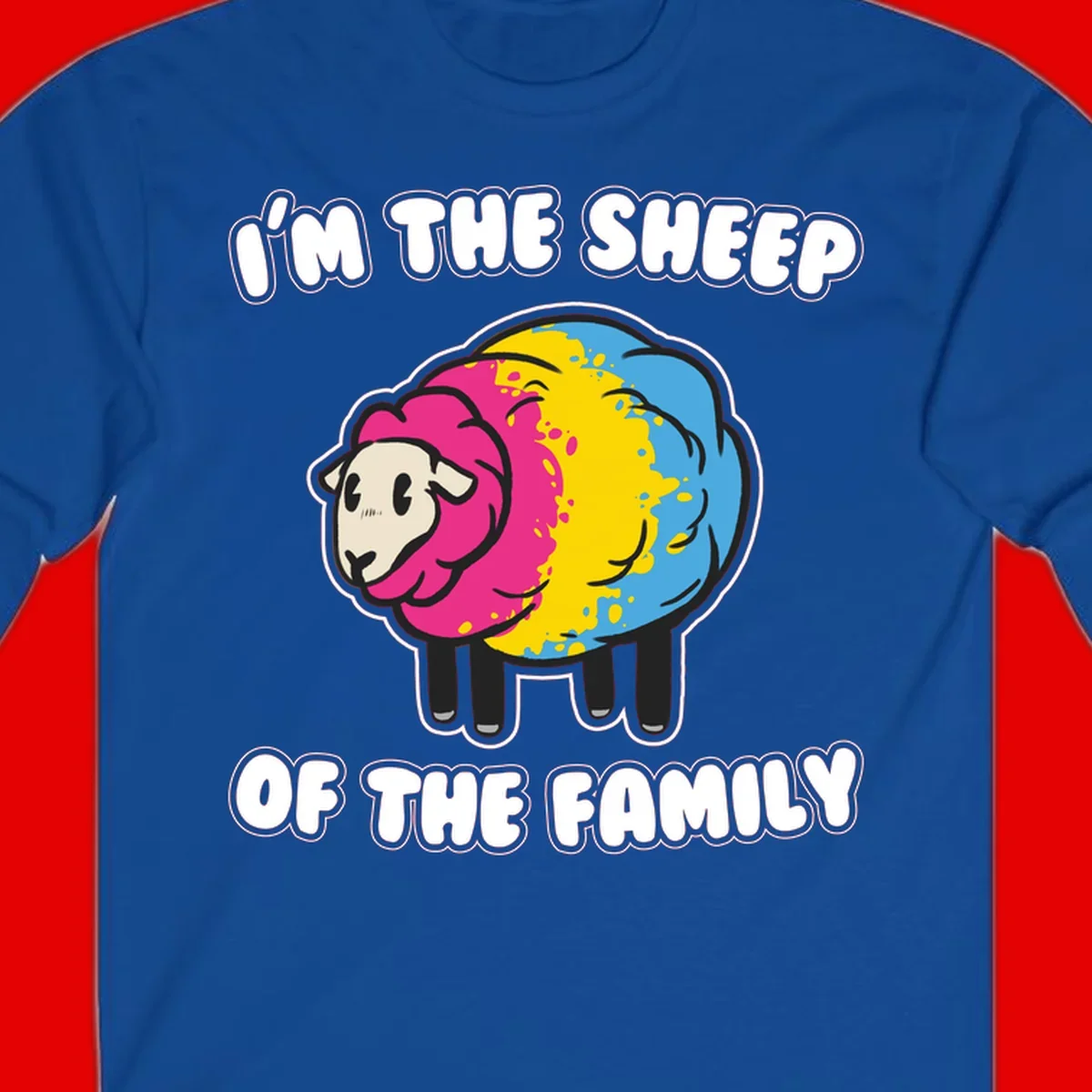 Colorful cartoon sheep with rainbow wool and text 'I'm the sheep of the family' - humorous family joke design