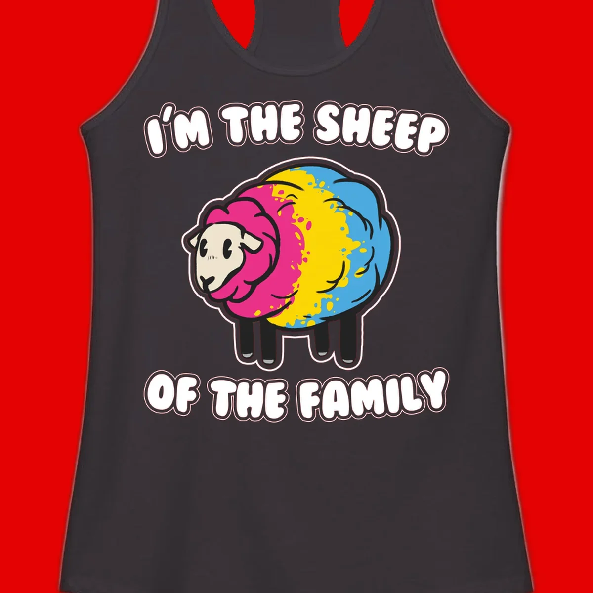 Colorful cartoon sheep with rainbow wool and text 'I'm the sheep of the family' - humorous family joke design