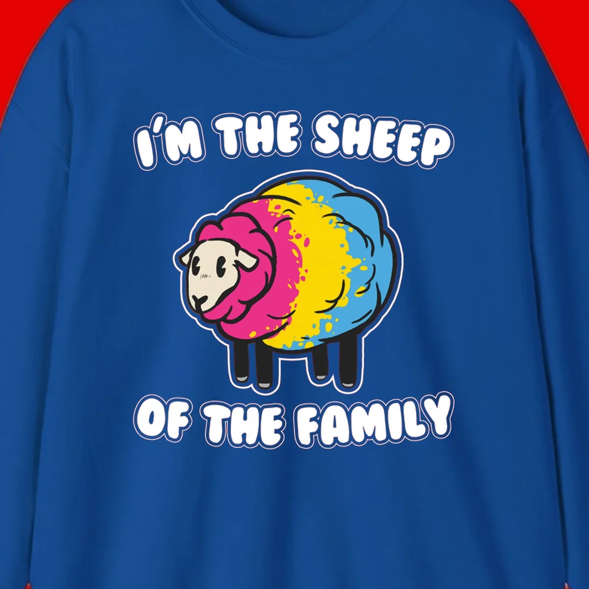 Colorful cartoon sheep with rainbow wool and text 'I'm the sheep of the family' - humorous family joke design