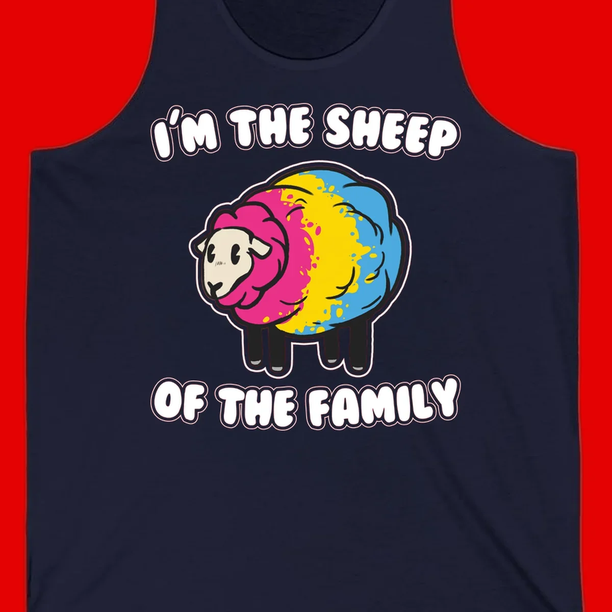 Colorful cartoon sheep with rainbow wool and text 'I'm the sheep of the family' - humorous family joke design