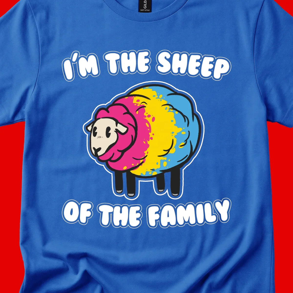 Colorful cartoon sheep with rainbow wool and text 'I'm the sheep of the family' - humorous family joke design