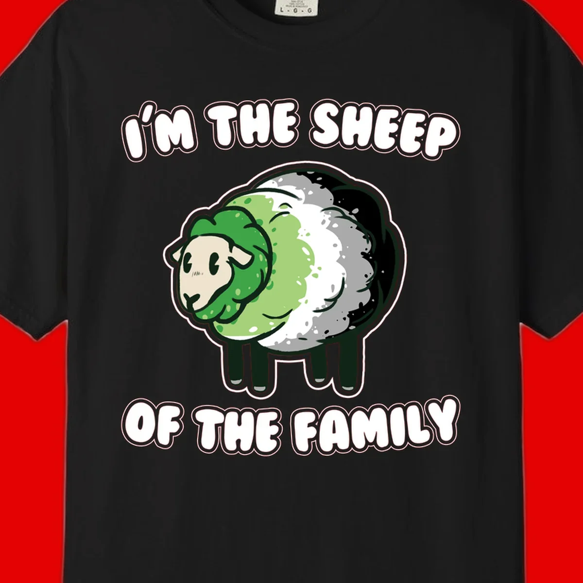 Cartoon sheep with fluffy multi-colored wool and cute face, with text reading 'I'm the sheep of the family'