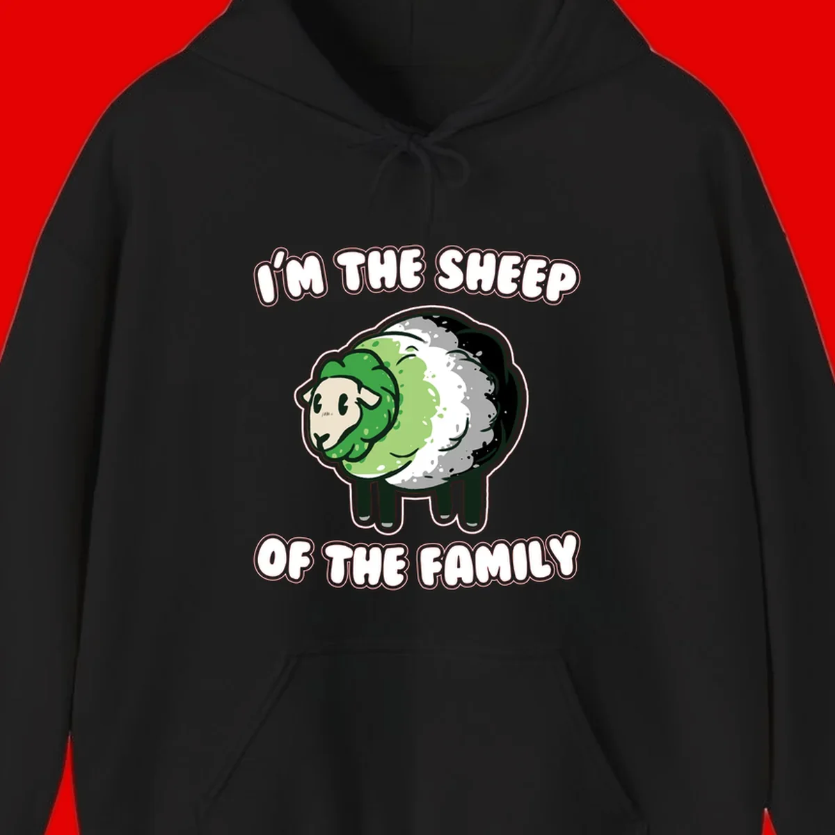 Cartoon sheep with fluffy multi-colored wool and cute face, with text reading 'I'm the sheep of the family'