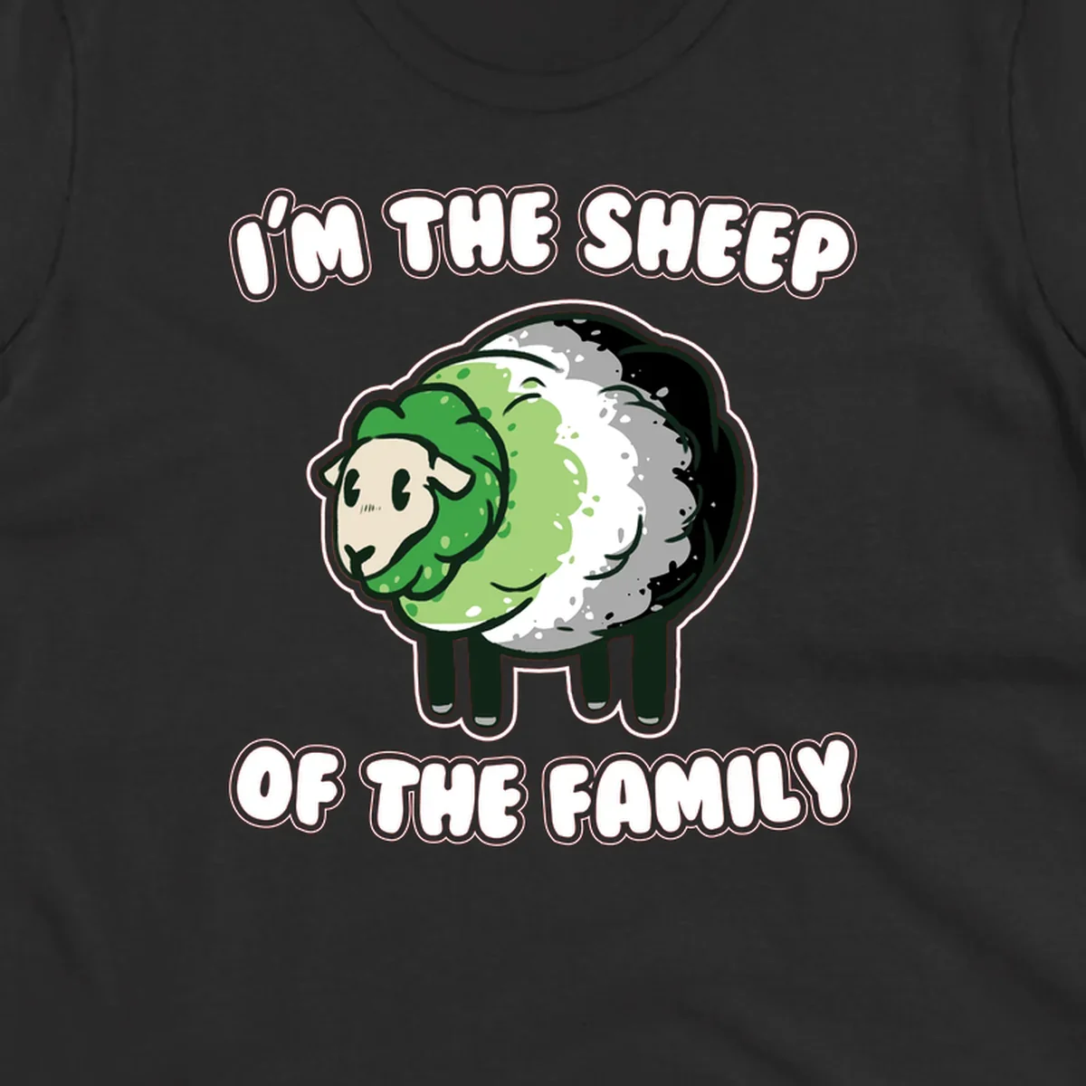 Cartoon sheep with fluffy multi-colored wool and cute face, with text reading 'I'm the sheep of the family'