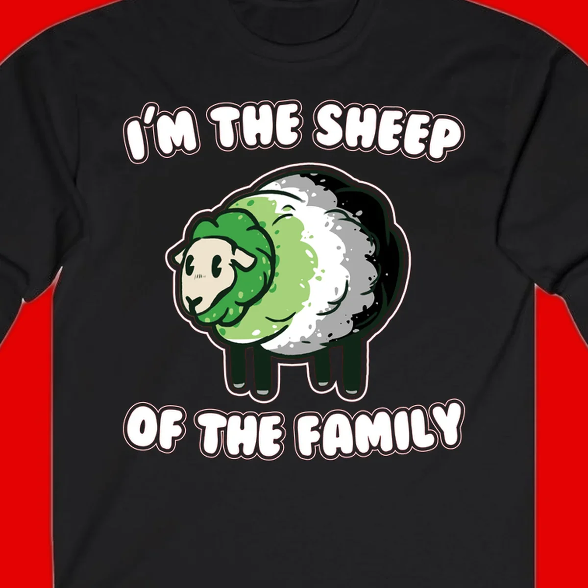 Cartoon sheep with fluffy multi-colored wool and cute face, with text reading 'I'm the sheep of the family'