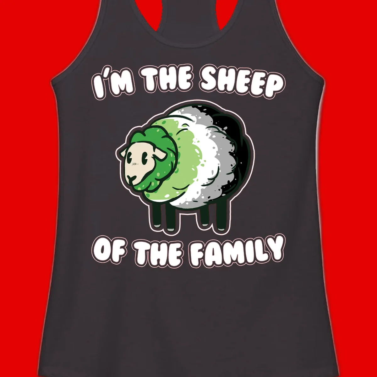 Cartoon sheep with fluffy multi-colored wool and cute face, with text reading 'I'm the sheep of the family'