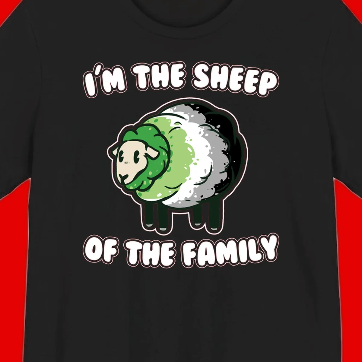Cartoon sheep with fluffy multi-colored wool and cute face, with text reading 'I'm the sheep of the family'